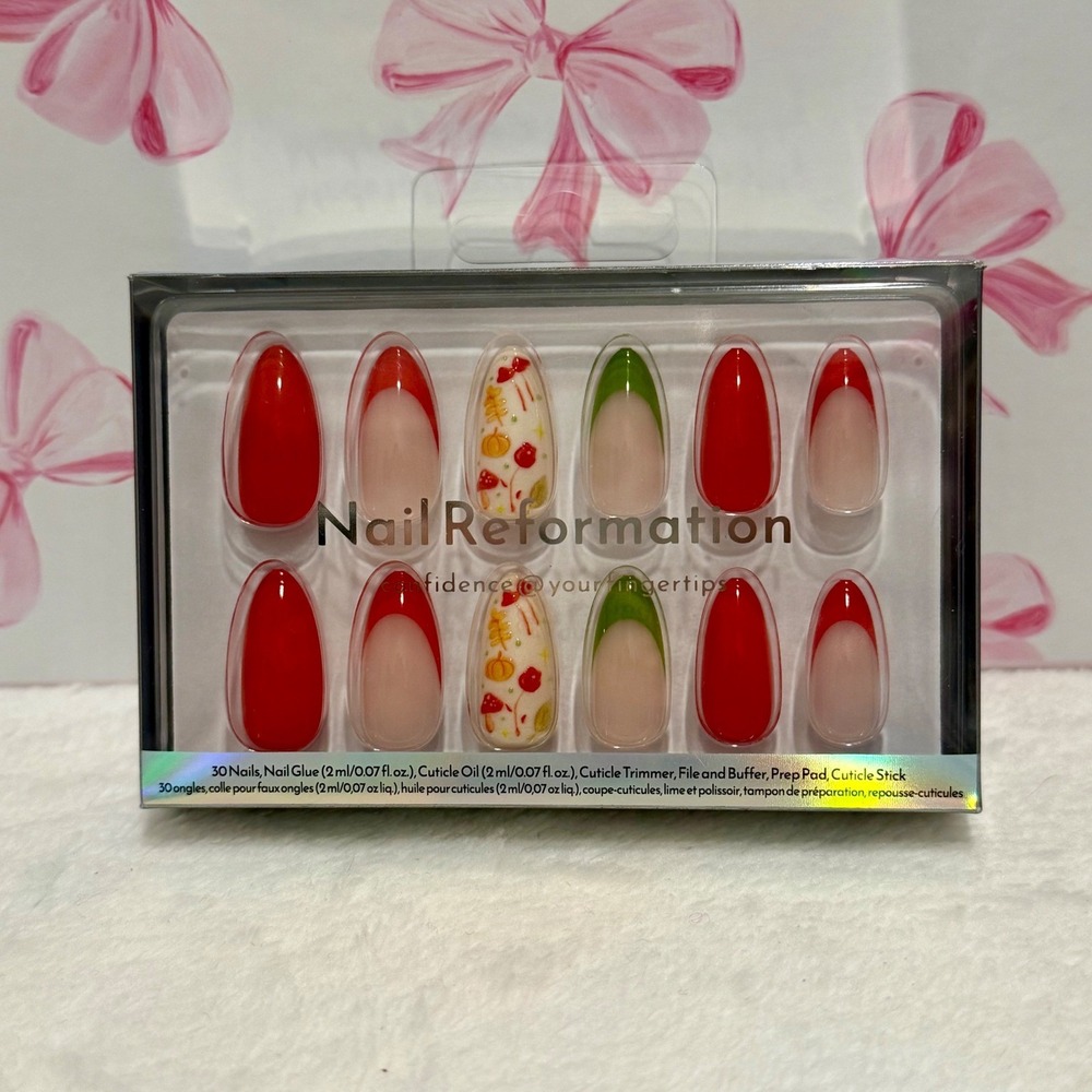 Nail Reformation 30pc Press On Nails French Tip Fall Autumn Theme Glue Kit